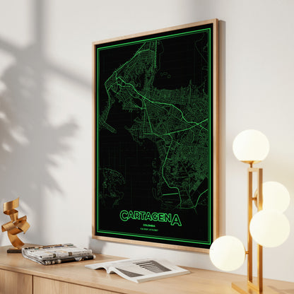 Cartagena Phosphor Map Poster - Phosphor Green
