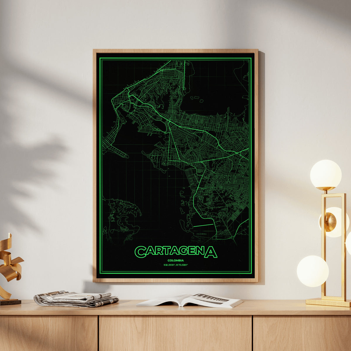 Cartagena Phosphor Map Poster - Phosphor Green