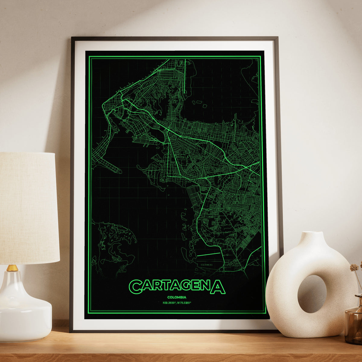 Cartagena Phosphor Map Poster - Phosphor Green
