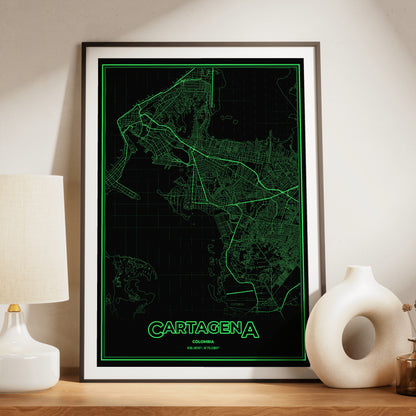 Cartagena Phosphor Map Poster - Phosphor Green