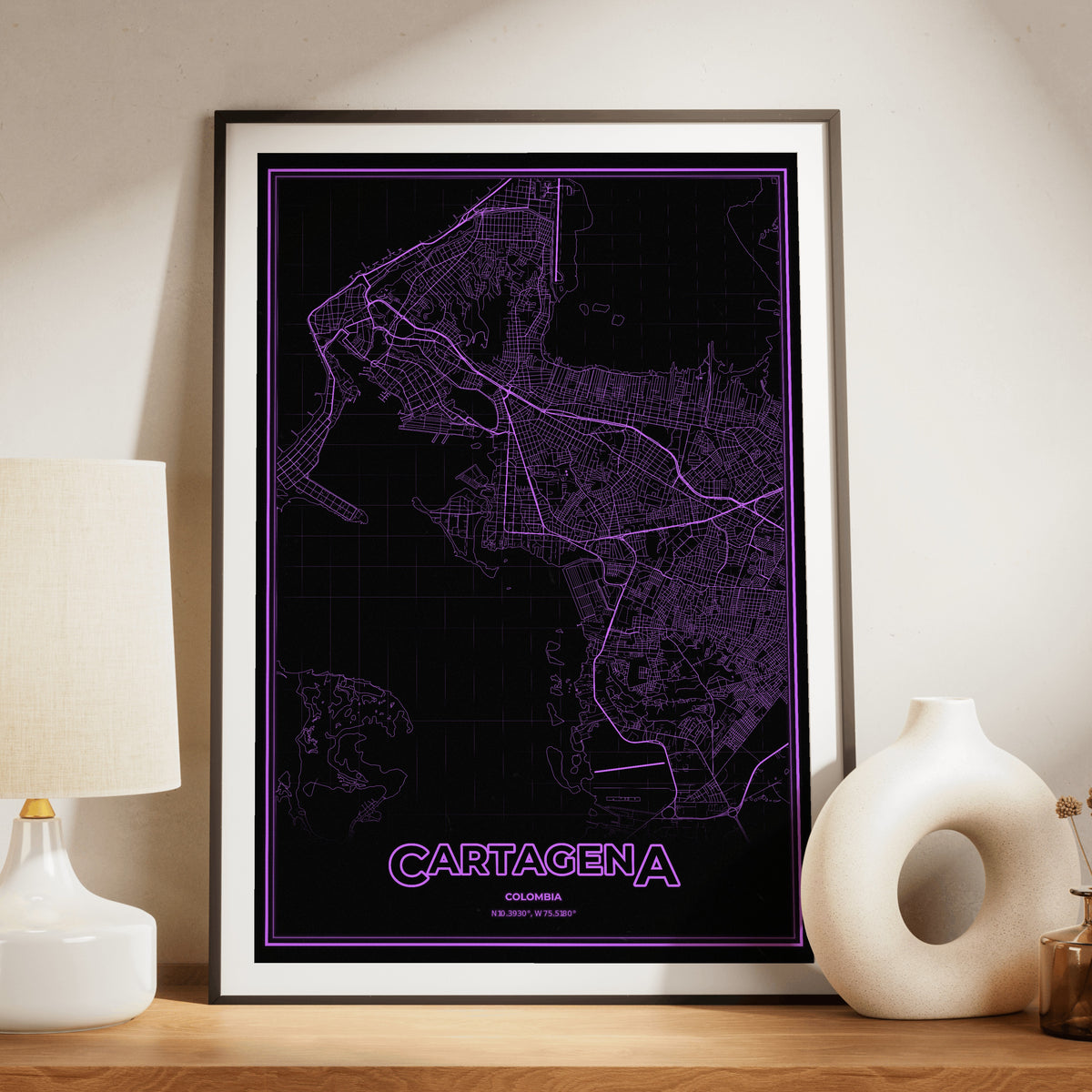 Cartagena Phosphor Map Poster - EGA Violet