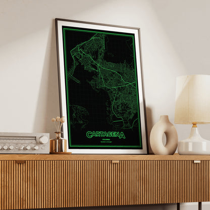 Cartagena Phosphor Map Poster - Phosphor Green