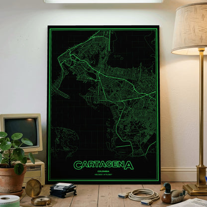 Cartagena Phosphor Map Poster - Phosphor Green