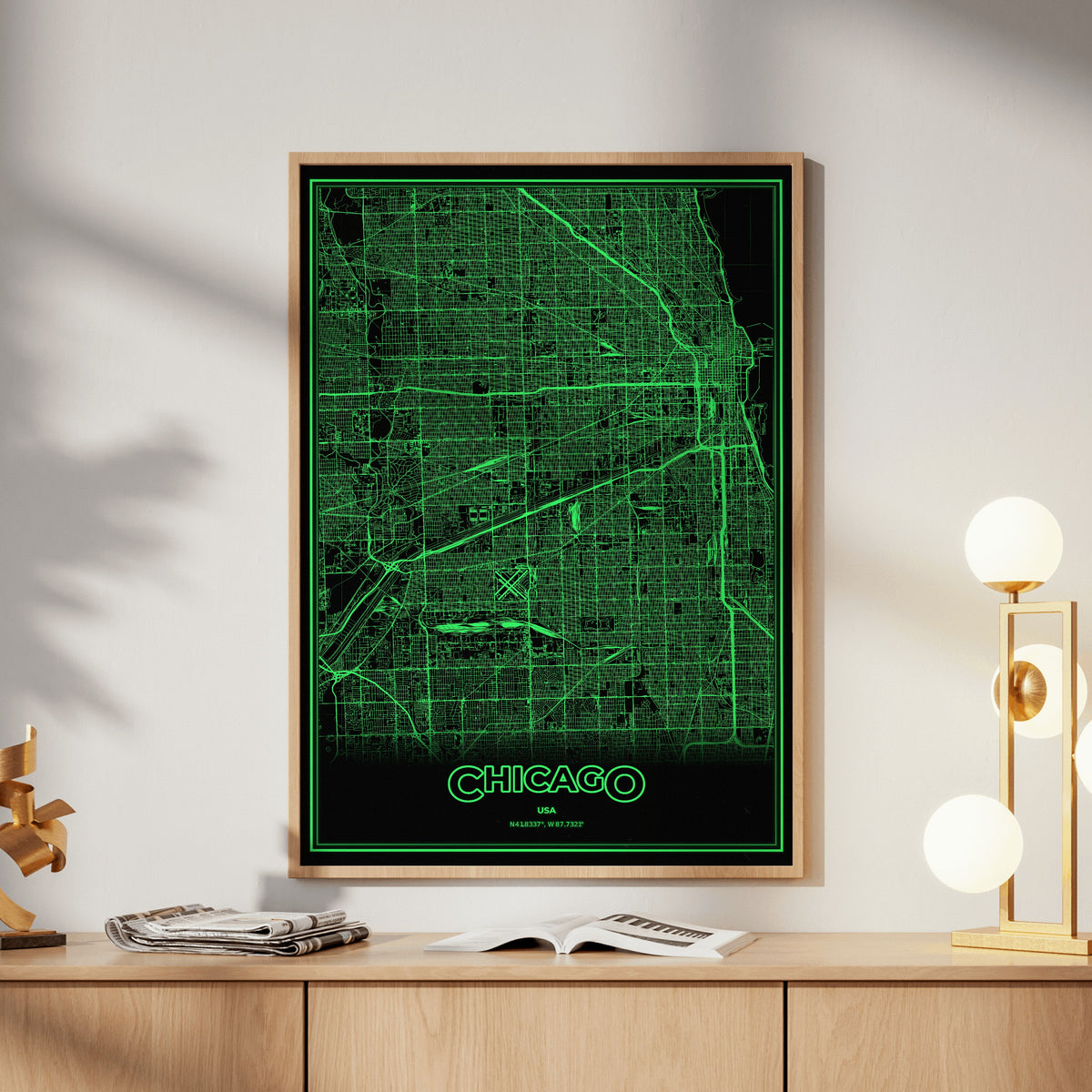 Chicago Phosphor Map Poster - Phosphor Green