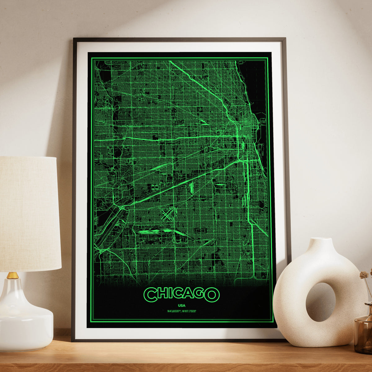 Chicago Phosphor Map Poster - Phosphor Green