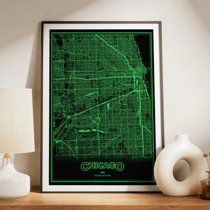 Chicago Phosphor Map Poster - Phosphor Green