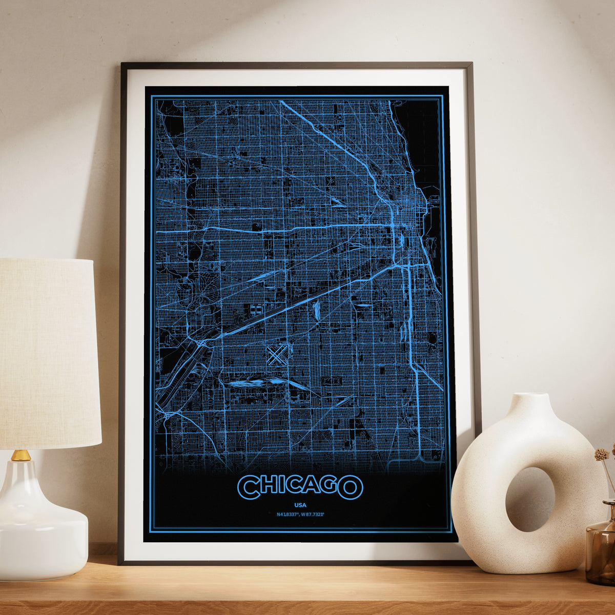 Chicago Phosphor Map Poster - IBM Blue