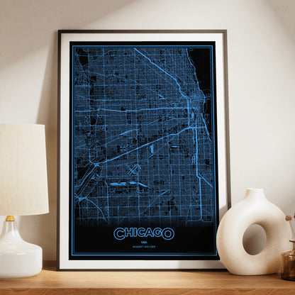 Chicago Phosphor Map Poster - IBM Blue