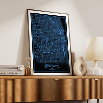 Chicago Phosphor Map Poster - IBM Blue