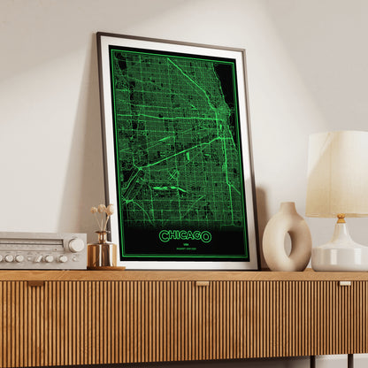 Chicago Phosphor Map Poster - Phosphor Green