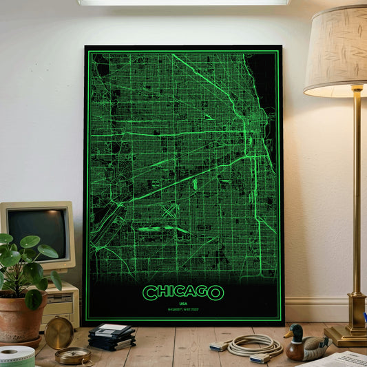 Chicago Phosphor Map Poster - Phosphor Green