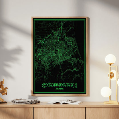 Christchurch Phosphor Map Poster - Phosphor Green