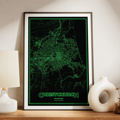 Christchurch Phosphor Map Poster - Phosphor Green