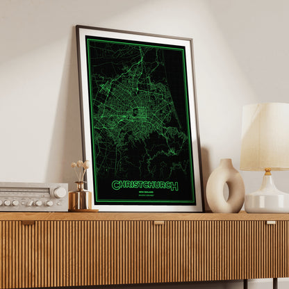 Christchurch Phosphor Map Poster - Phosphor Green