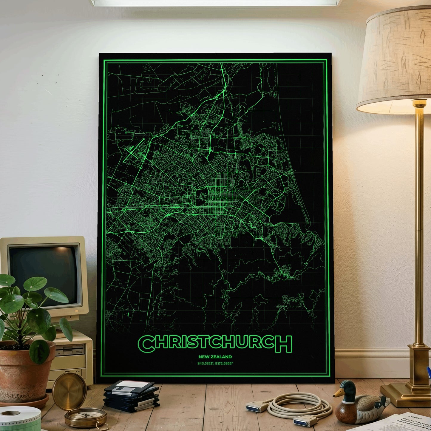 Christchurch Phosphor Map Poster - Phosphor Green