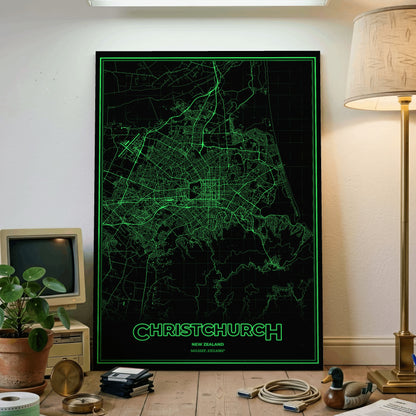 Christchurch Phosphor Map Poster - Phosphor Green