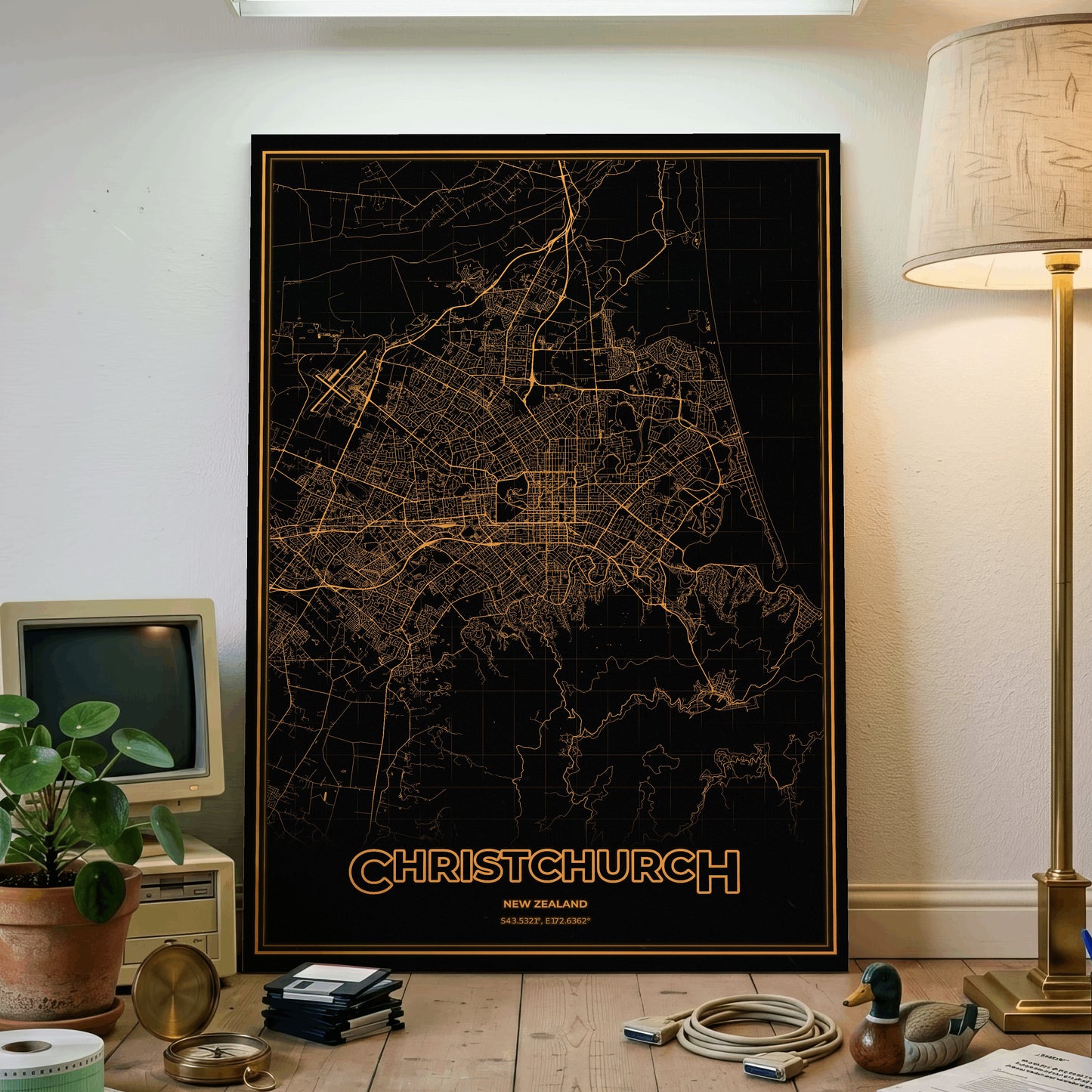 Christchurch Phosphor Map Poster - Amber CRT