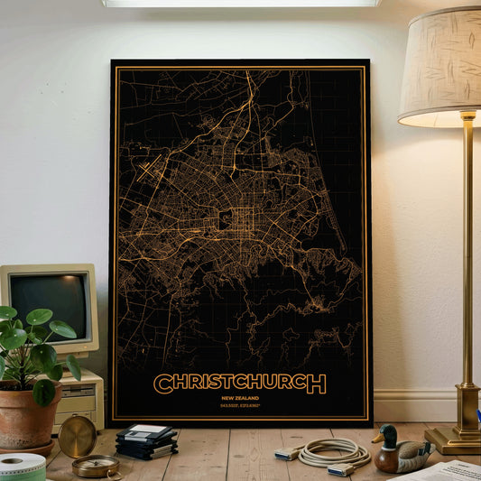 Christchurch Phosphor Map Poster - Amber CRT