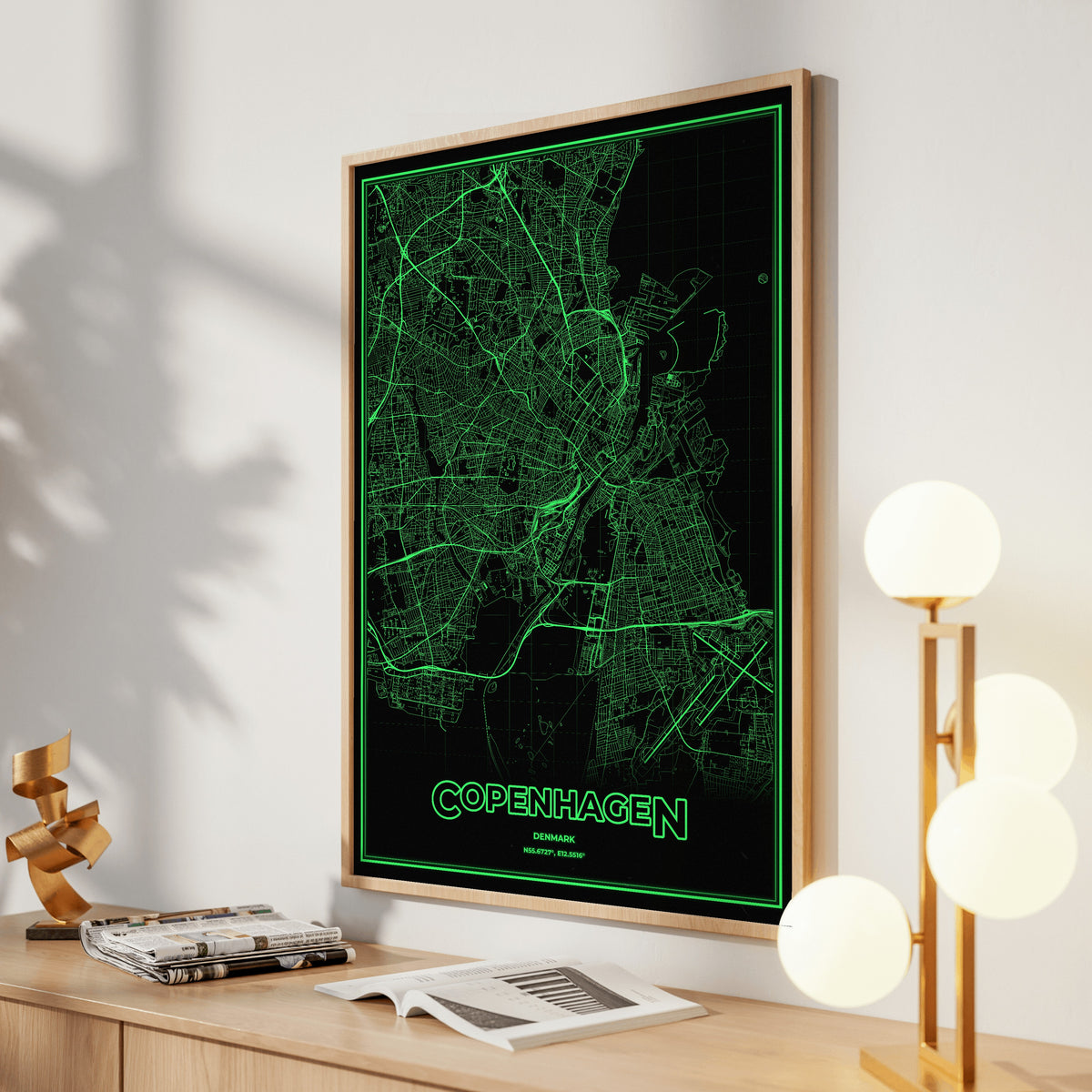 Copenhagen Phosphor Map Poster - Phosphor Green