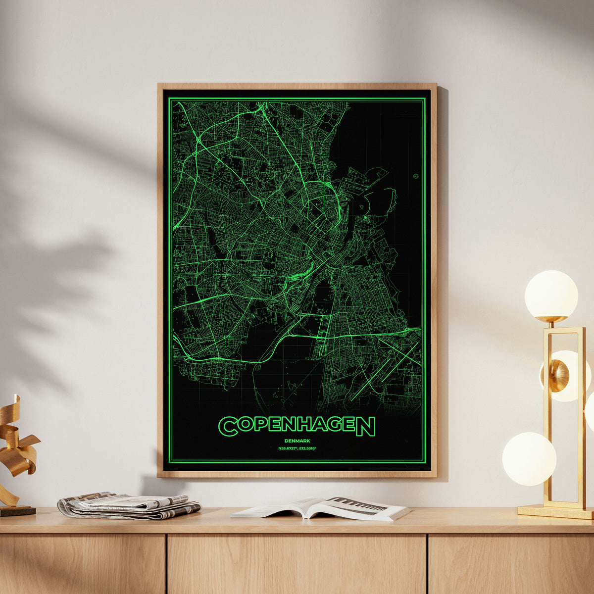 Copenhagen Phosphor Map Poster - Phosphor Green