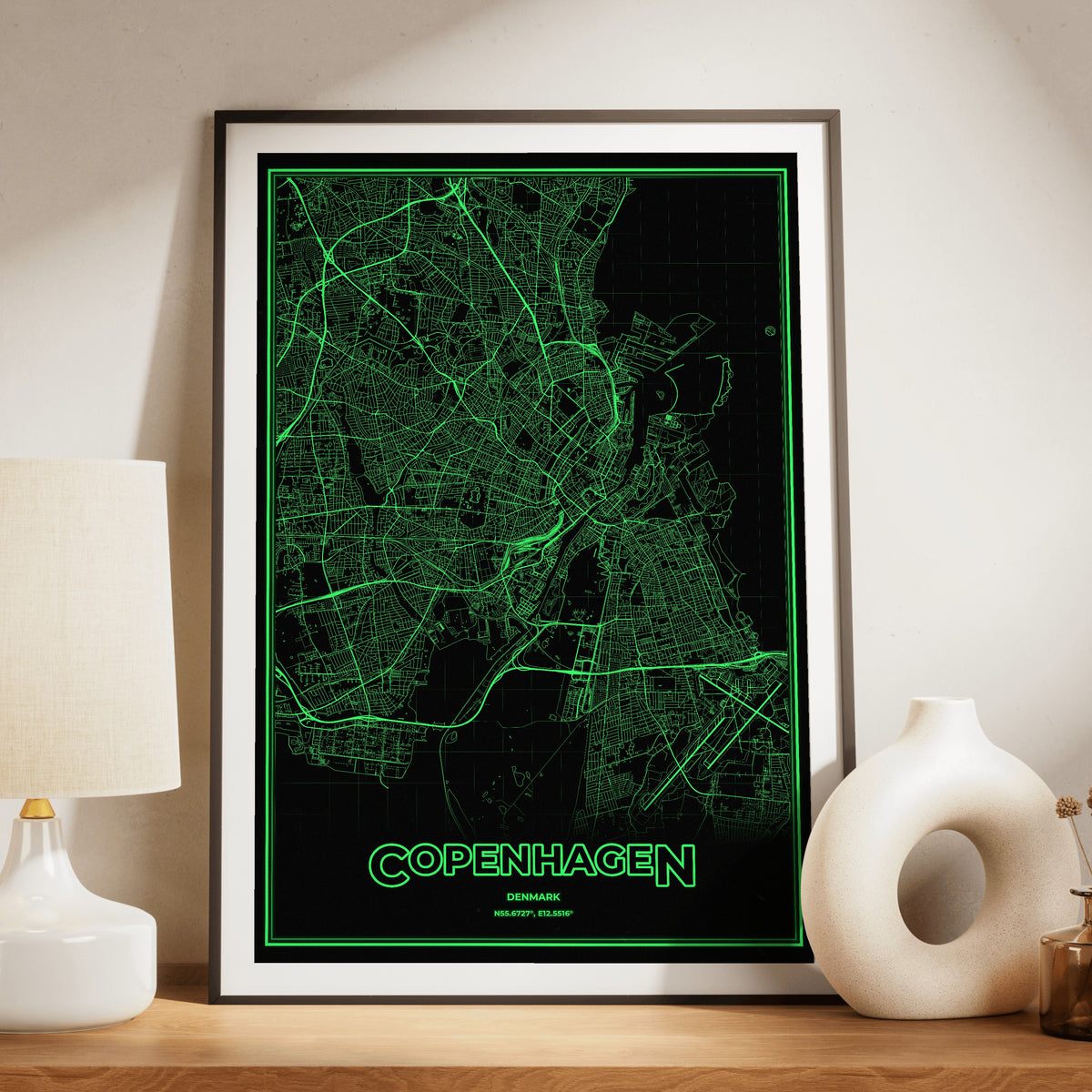 Copenhagen Phosphor Map Poster - Phosphor Green