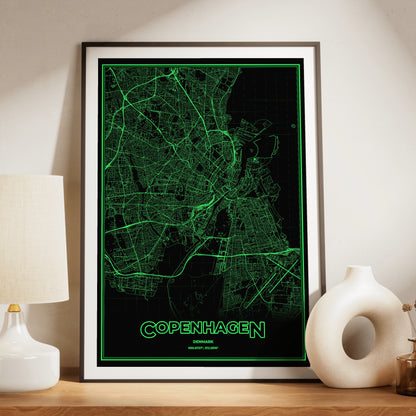 Copenhagen Phosphor Map Poster - Phosphor Green