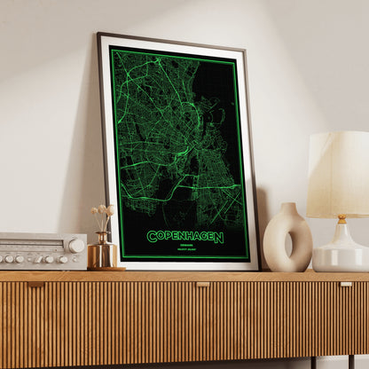 Copenhagen Phosphor Map Poster - Phosphor Green