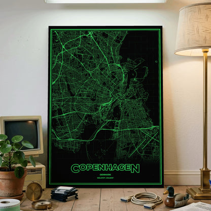 Copenhagen Phosphor Map Poster - Phosphor Green