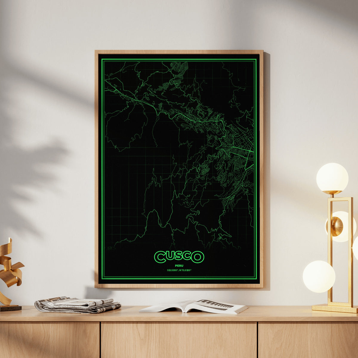 Cusco Phosphor Map Poster - Phosphor Green