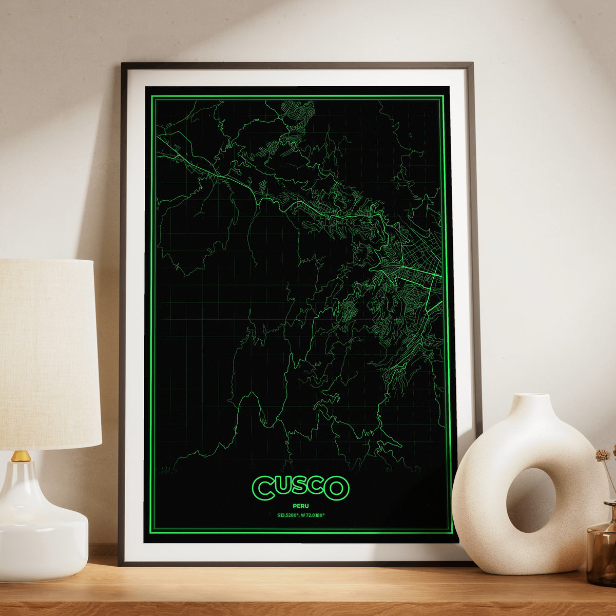 Cusco Phosphor Map Poster - Phosphor Green