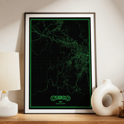 Cusco Phosphor Map Poster - Phosphor Green