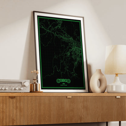 Cusco Phosphor Map Poster - Phosphor Green