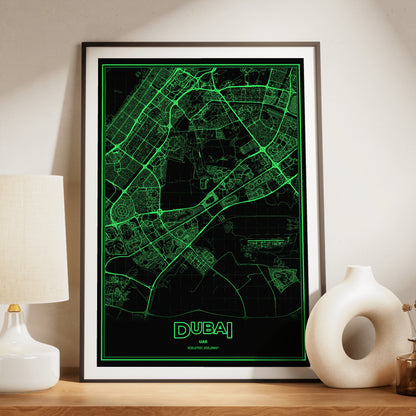 Dubai Phosphor Map Poster - Phosphor Green