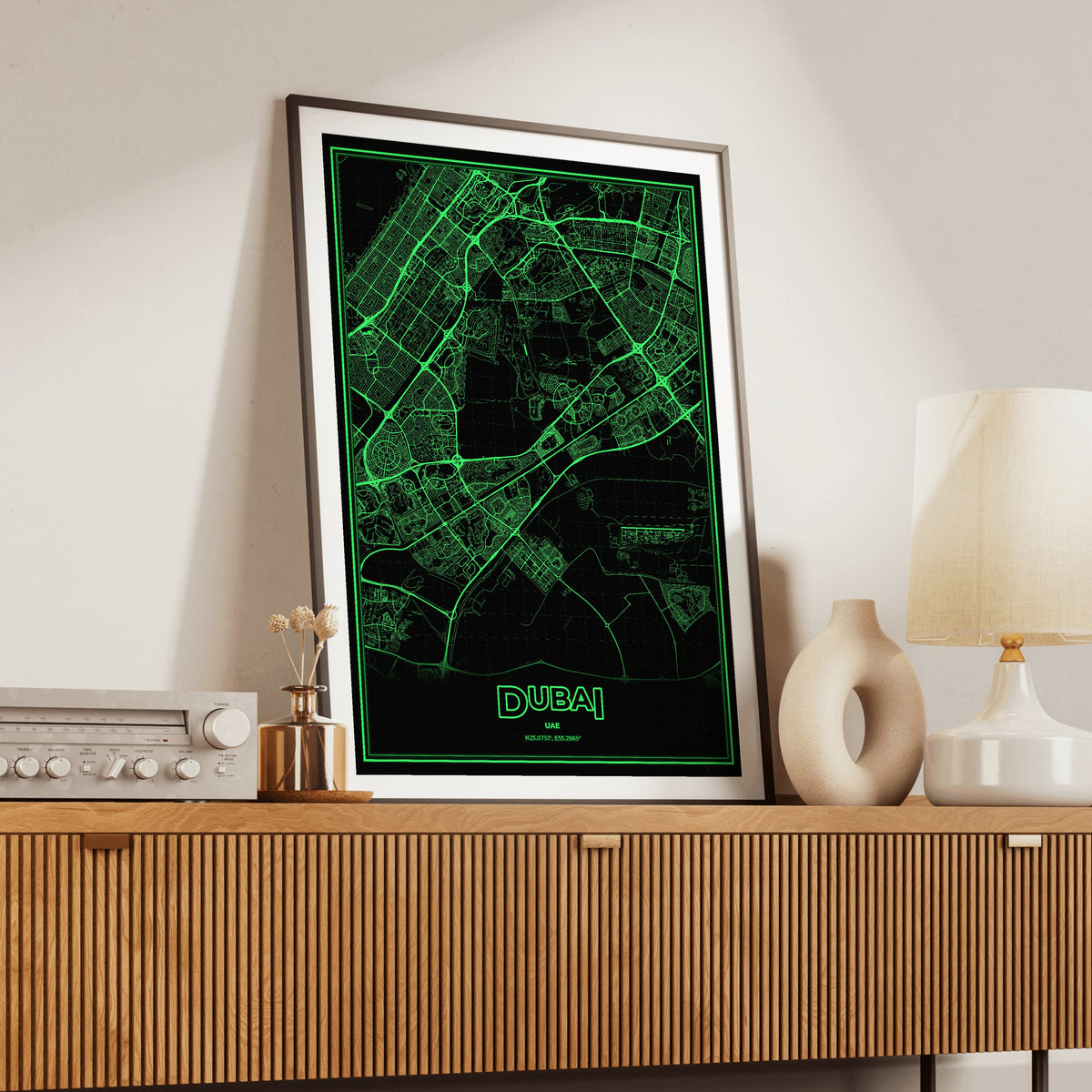 Dubai Phosphor Map Poster - Phosphor Green