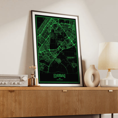 Dubai Phosphor Map Poster - Phosphor Green