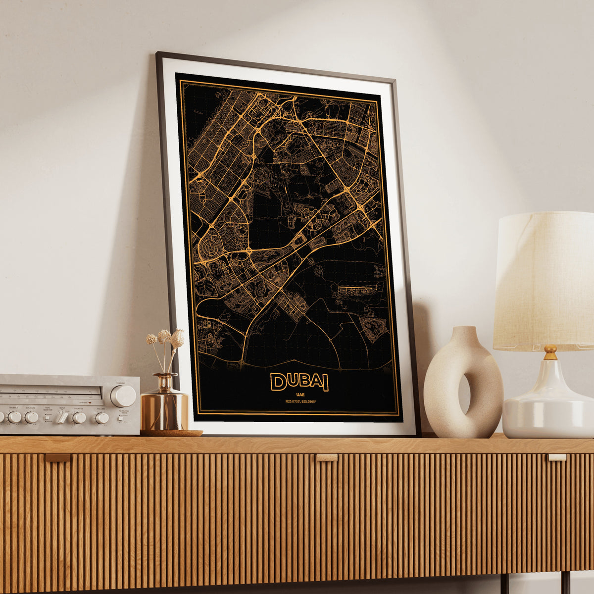 Dubai Phosphor Map Poster - Amber CRT