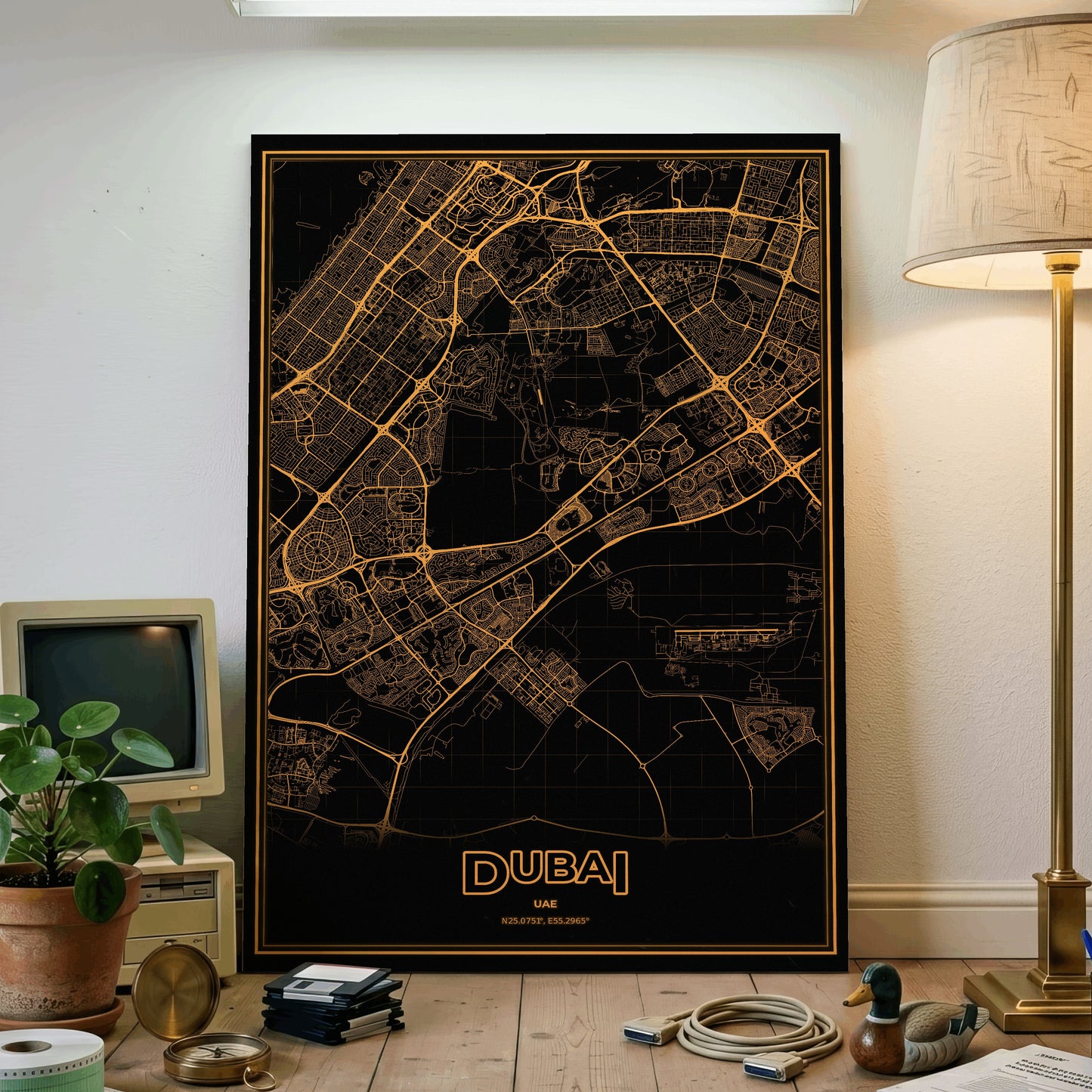 Dubai Phosphor Map Poster - Amber CRT