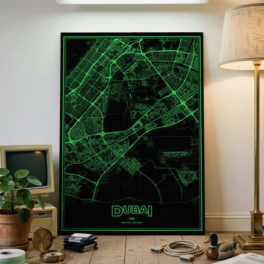 Dubai Phosphor Map Poster - Phosphor Green