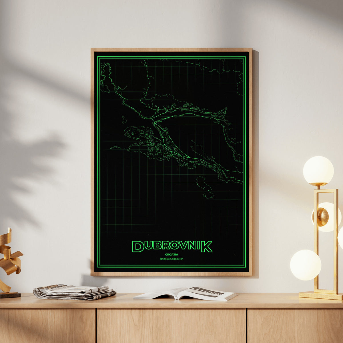 Dubrovnik Phosphor Map Poster - Phosphor Green
