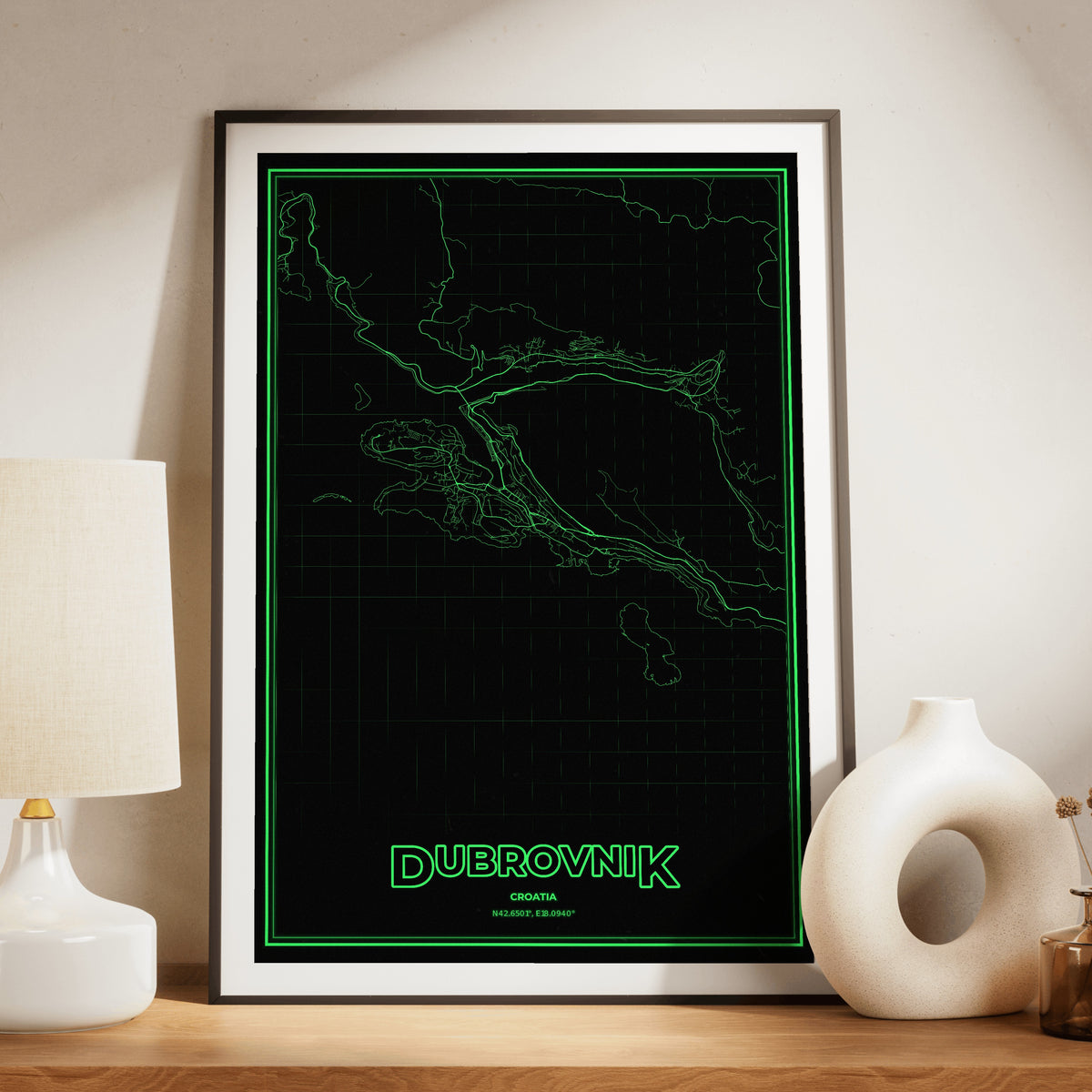 Dubrovnik Phosphor Map Poster - Phosphor Green