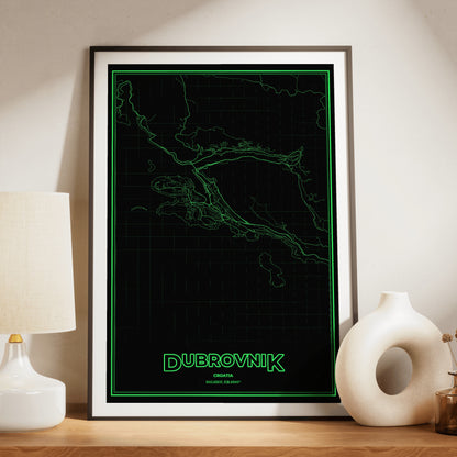 Dubrovnik Phosphor Map Poster - Phosphor Green