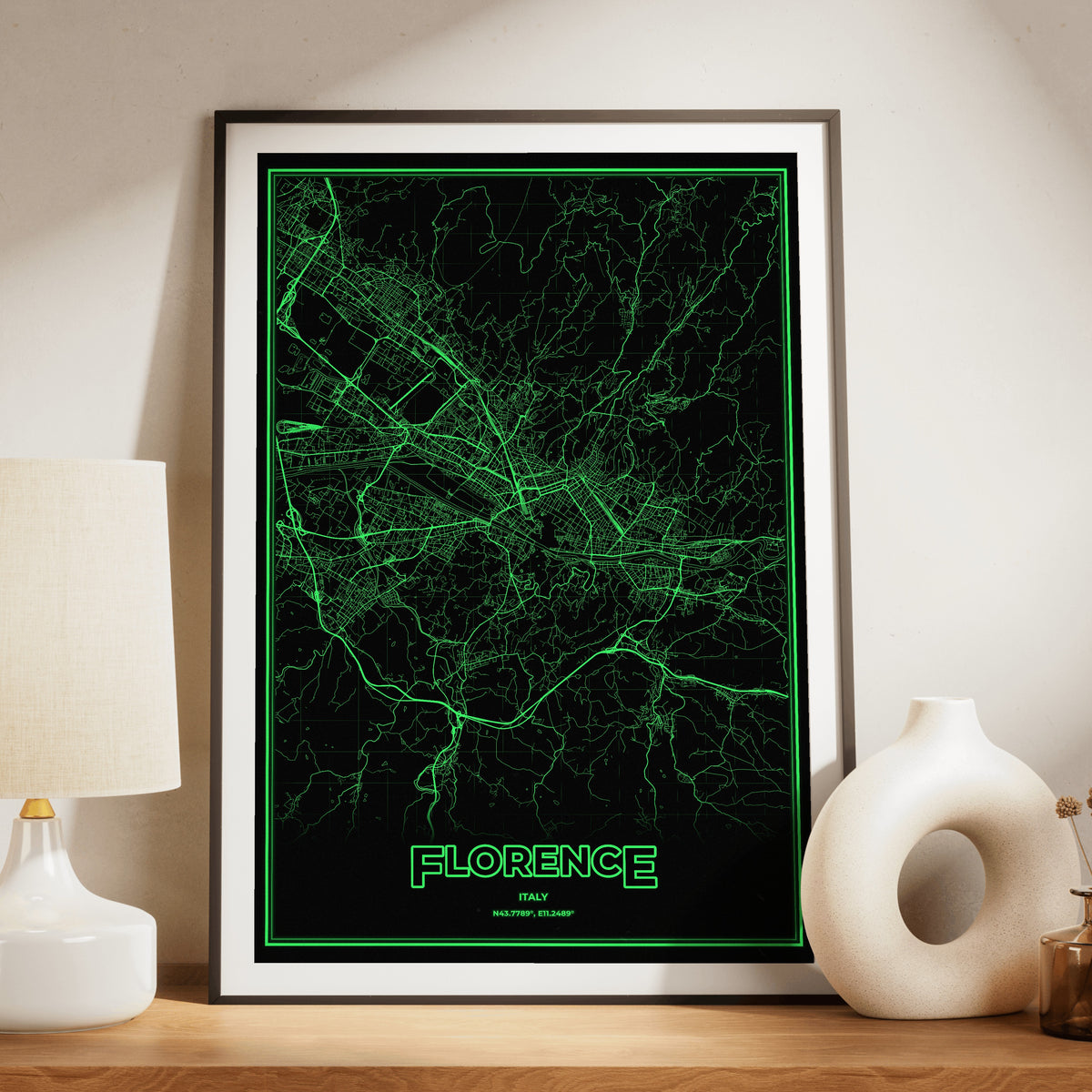 Florence Phosphor Map Poster - Phosphor Green