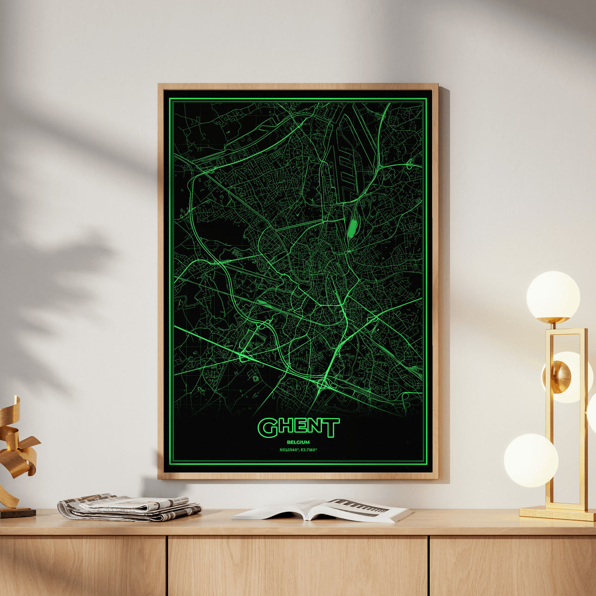 Ghent Phosphor Map Poster - Phosphor Green