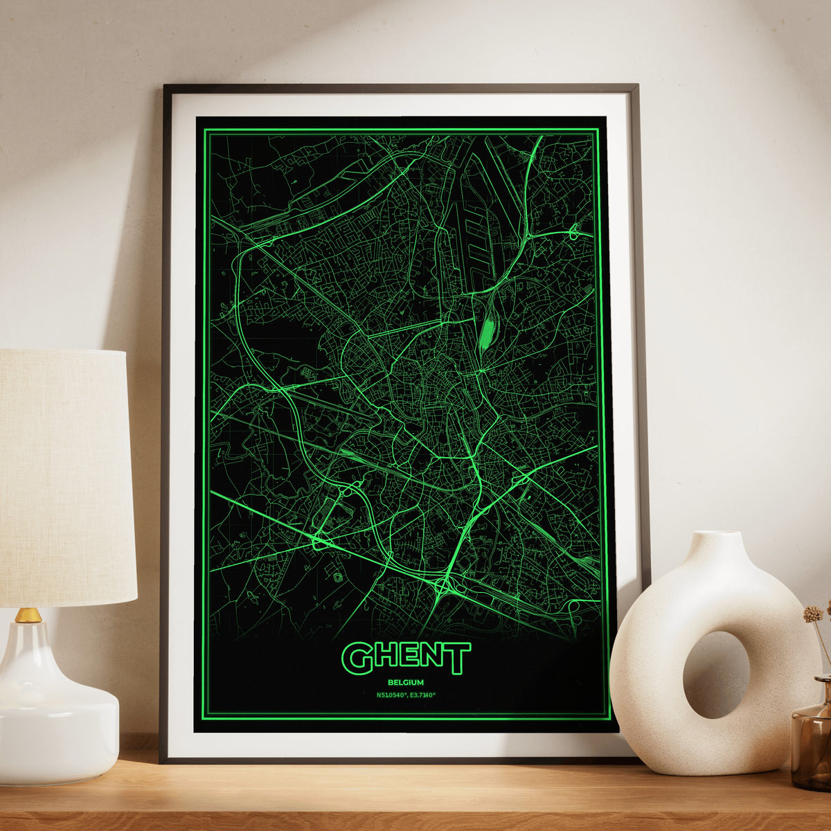 Ghent Phosphor Map Poster - Phosphor Green
