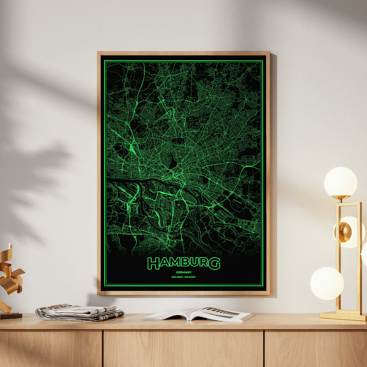Hamburg Phosphor Map Poster - Phosphor Green