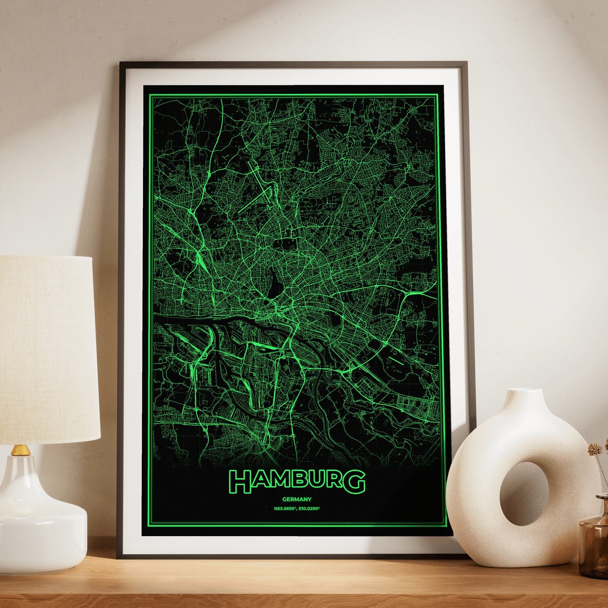 Hamburg Phosphor Map Poster - Phosphor Green