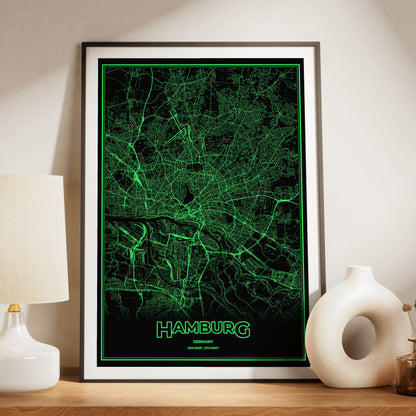 Hamburg Phosphor Map Poster - Phosphor Green