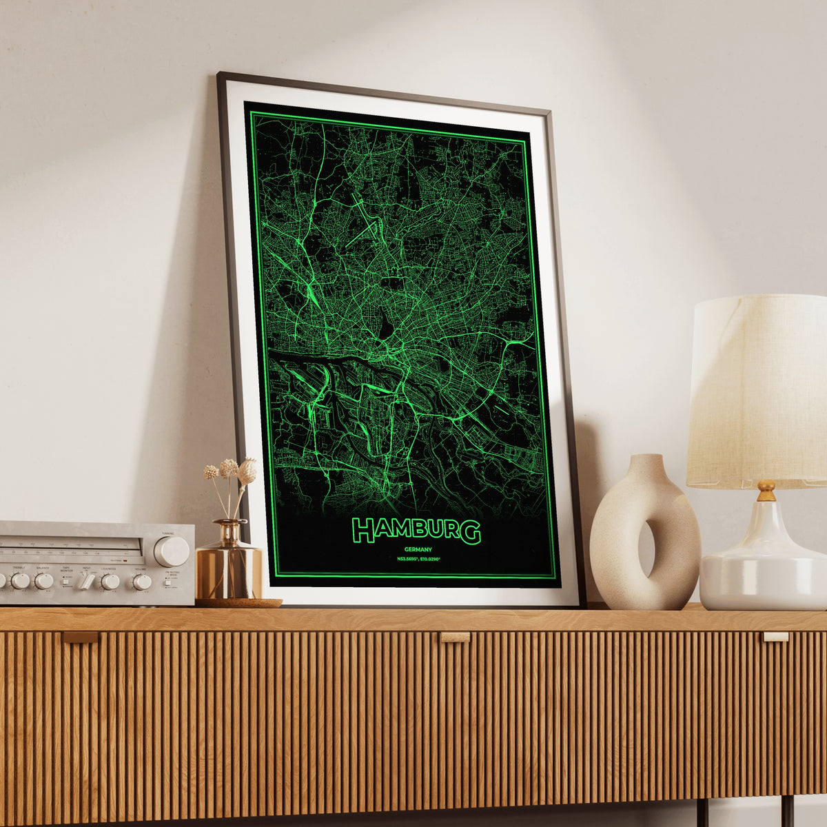 Hamburg Phosphor Map Poster - Phosphor Green