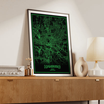 Hamburg Phosphor Map Poster - Phosphor Green