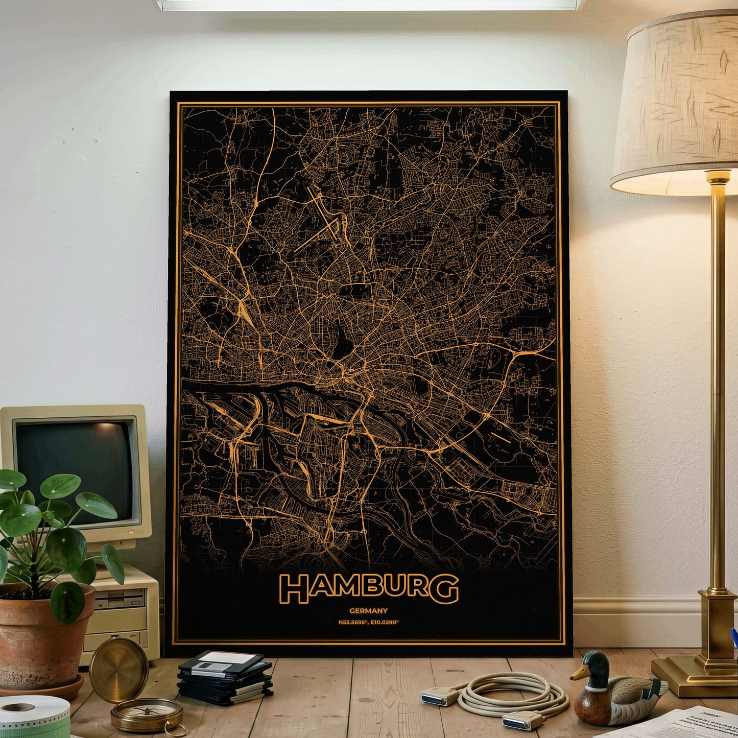 Hamburg Phosphor Map Poster - Amber CRT